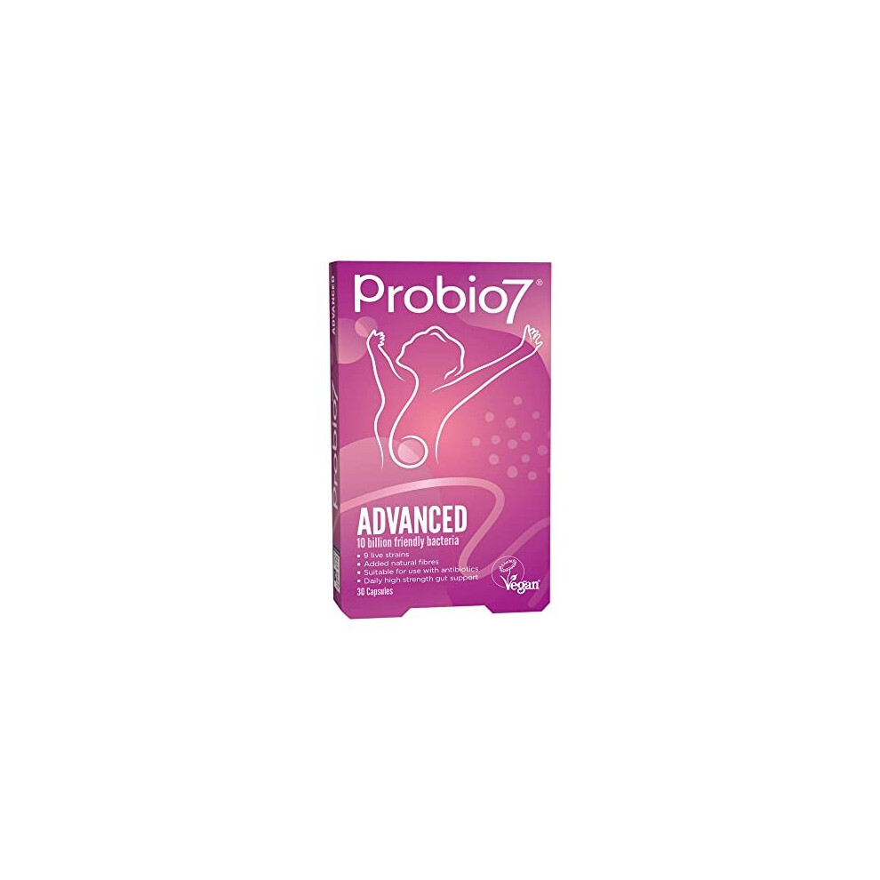 Probio7 Advanced | 9 Live Strains | 10 Billion CFU + 2 Types of Fibre | Gut Health Supplement - 30 Vegan Capsules (1 Month Supply)