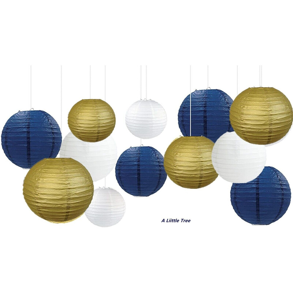 (Gold Dark Blue White, 12( 4X8"+4X10"+4X12")) Mixed SIZE Round Paper Lantern Wedding Party Decor