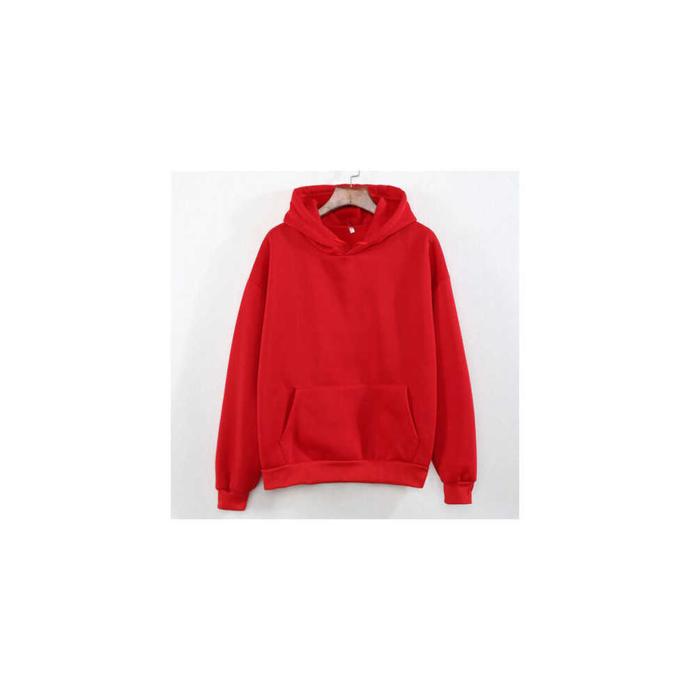 (Red, Tag Size 3XL=UK Size 16) Ladies Fleece Hoodies Solid Sweatshirt Women Casual Loose Long Sleeve Tops UK