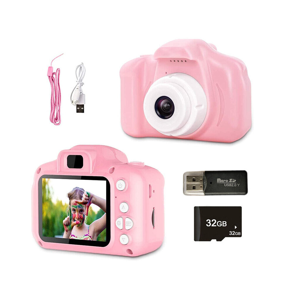 (pink 32G TF Card) Children's Camera Waterproof 1080P HD Screen Camera Video Toy 8 Million Pixel Kids Cartoon Cute Camera Outdoor