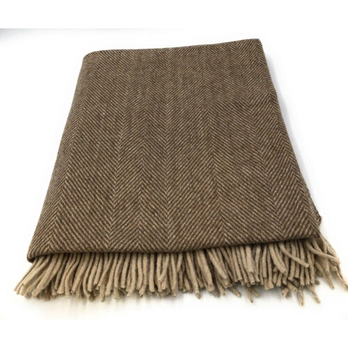Wool Blend Natural Brown Herringbone Blanket Throw Brand New