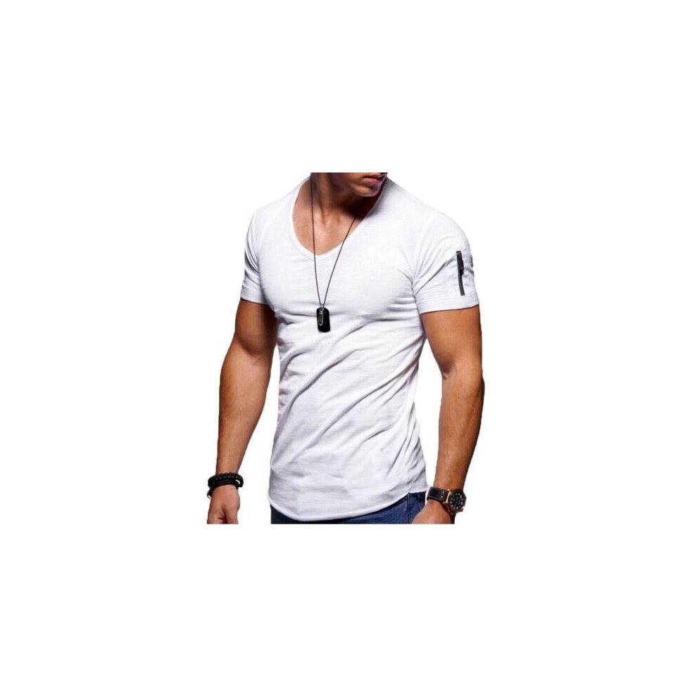 (White, M) Men's Short Sleeve V Neck T Shirt Casual Slim Fit Solid Muscle Tee Tops Zipper T