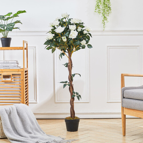 Living And Home 120cm White Artificial Rose Flower Tree in Pot
