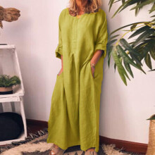 (Yellow, Tag Size 2XL=UK Size 18) Women Cotton Linen Long Sleeve Maxi Dress Ladies Pocket Solid Baggy Kaftan Dress