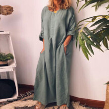 (Grey, Tag Size L=UK Size 14) Women Cotton Linen Long Sleeve Maxi Dress Ladies Pocket Solid Baggy Kaftan Dress