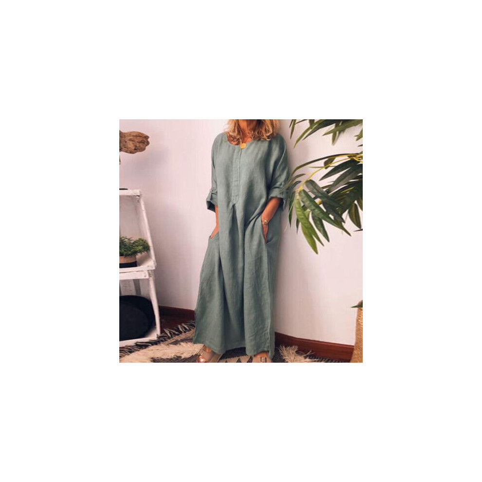 (Grey, Tag Size L=UK Size 14) Women Cotton Linen Long Sleeve Maxi Dress Ladies Pocket Solid Baggy Kaftan Dress