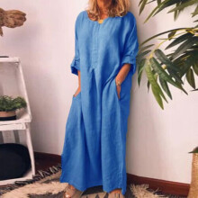 (Blue, Tag Size S=UK Size 8-10) Women Cotton Linen Long Sleeve Maxi Dress Ladies Pocket Solid Baggy Kaftan Dress