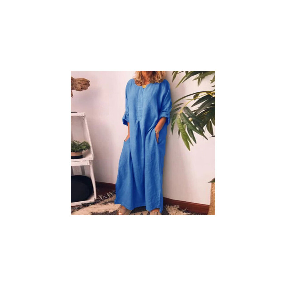 (Blue, Tag Size S=UK Size 8-10) Women Cotton Linen Long Sleeve Maxi Dress Ladies Pocket Solid Baggy Kaftan Dress