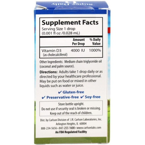 Carlson, Λιπώδης Βιταμίνη D, Σούπερ Ημερήσια D3, 100 mcg (4,000 IU), 0.35 fl oz (10.3 ml) 2