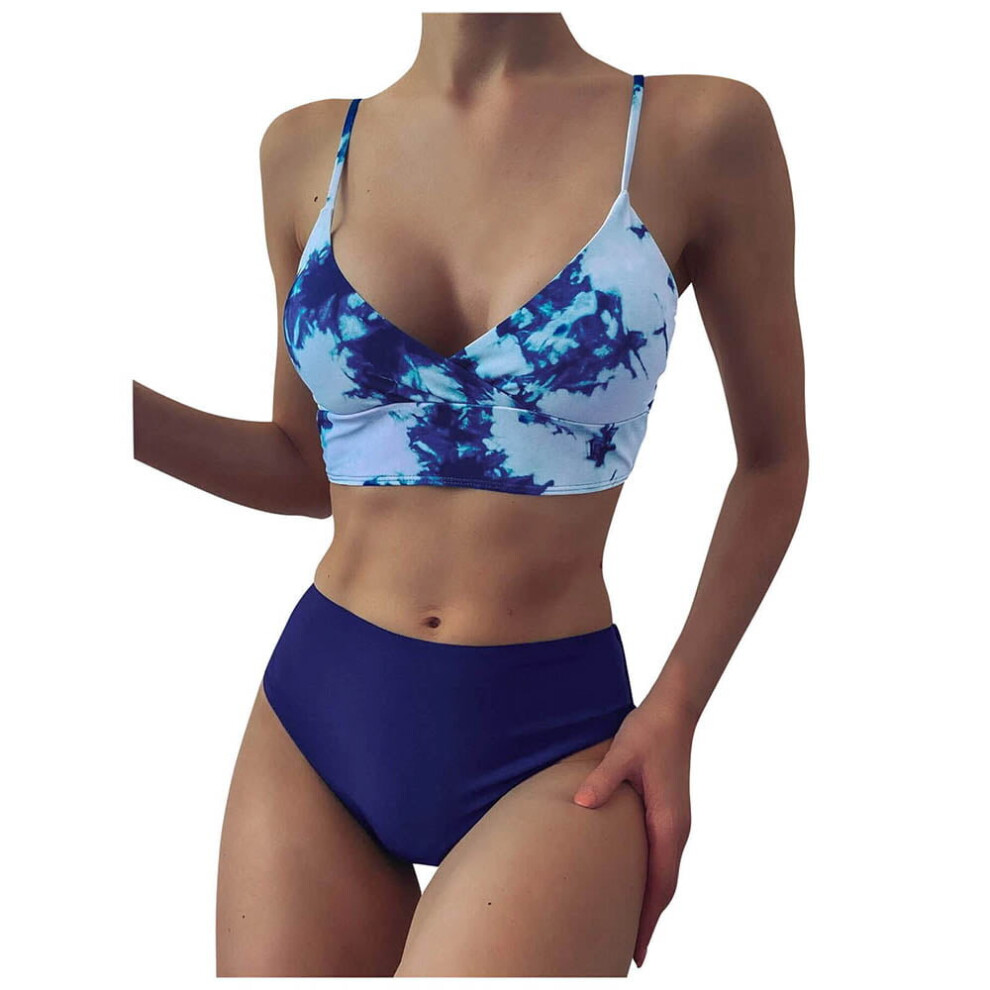 (XL, Blue) 2 Piece Sexy Bikini Set Tie Dye Crop Top High Waisted Swimsuits Push up Padded Swimwear Cheeky Cut Bathing Suits for Women