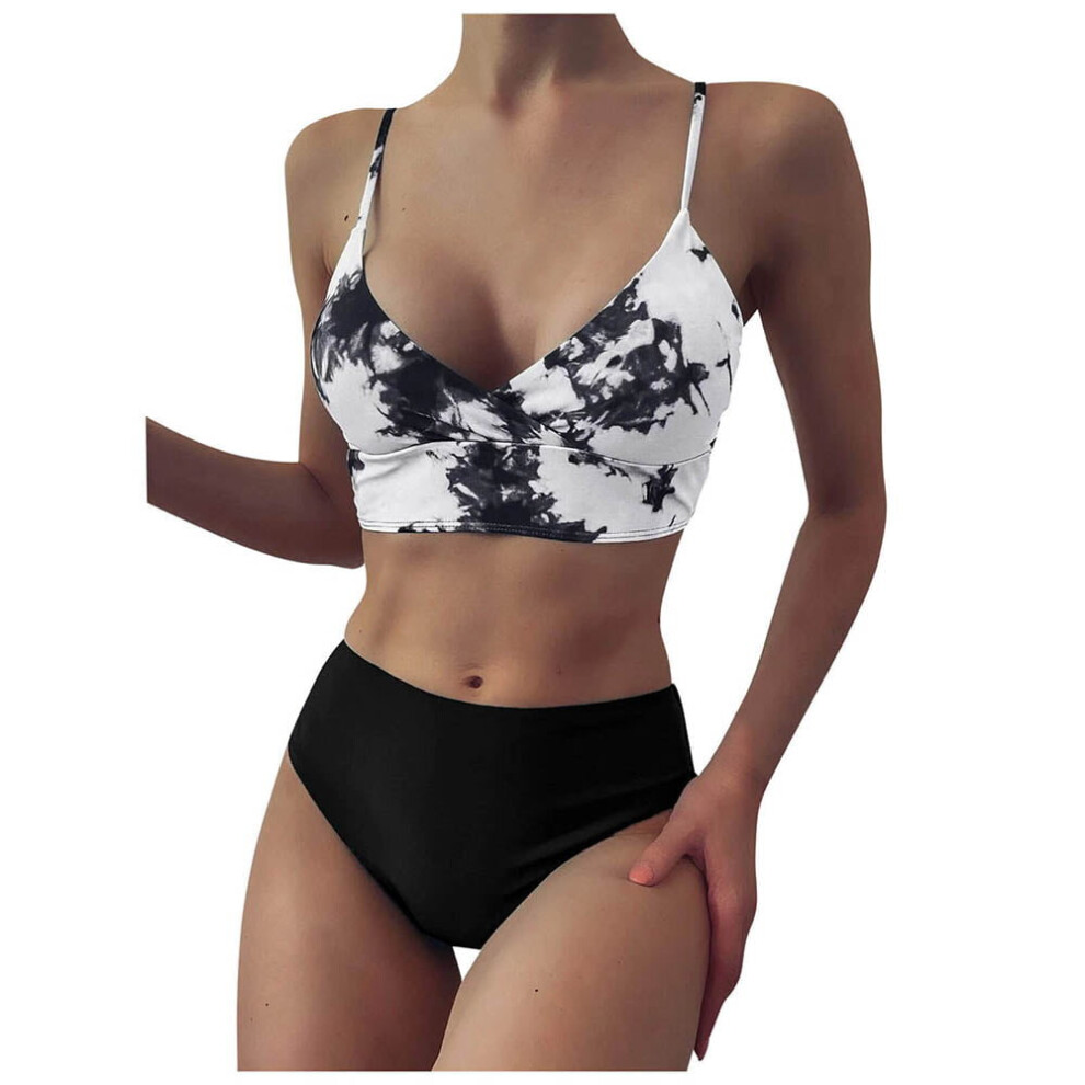 (L, Black) 2 Piece Sexy Bikini Set Tie Dye Crop Top High Waisted Swimsuits Push up Padded Swimwear Cheeky Cut Bathing Suits for Women