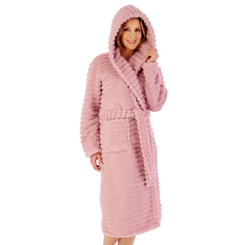 (Pink, Large - UK 16/18) Slenderella Ladies Striped Teddy Bear Fleece Hooded Wrap Dressing Gown