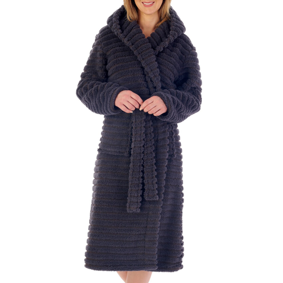 (Charcoal, Small - UK 10/12) Slenderella Ladies Striped Teddy Bear Fleece Hooded Wrap Dressing Gown