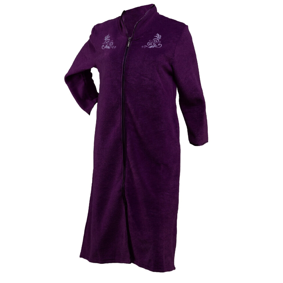 (Plum, Small - UK 10/12) Slenderella Womens Zip Up Boucle Fleece Embroidered Dressing Gown