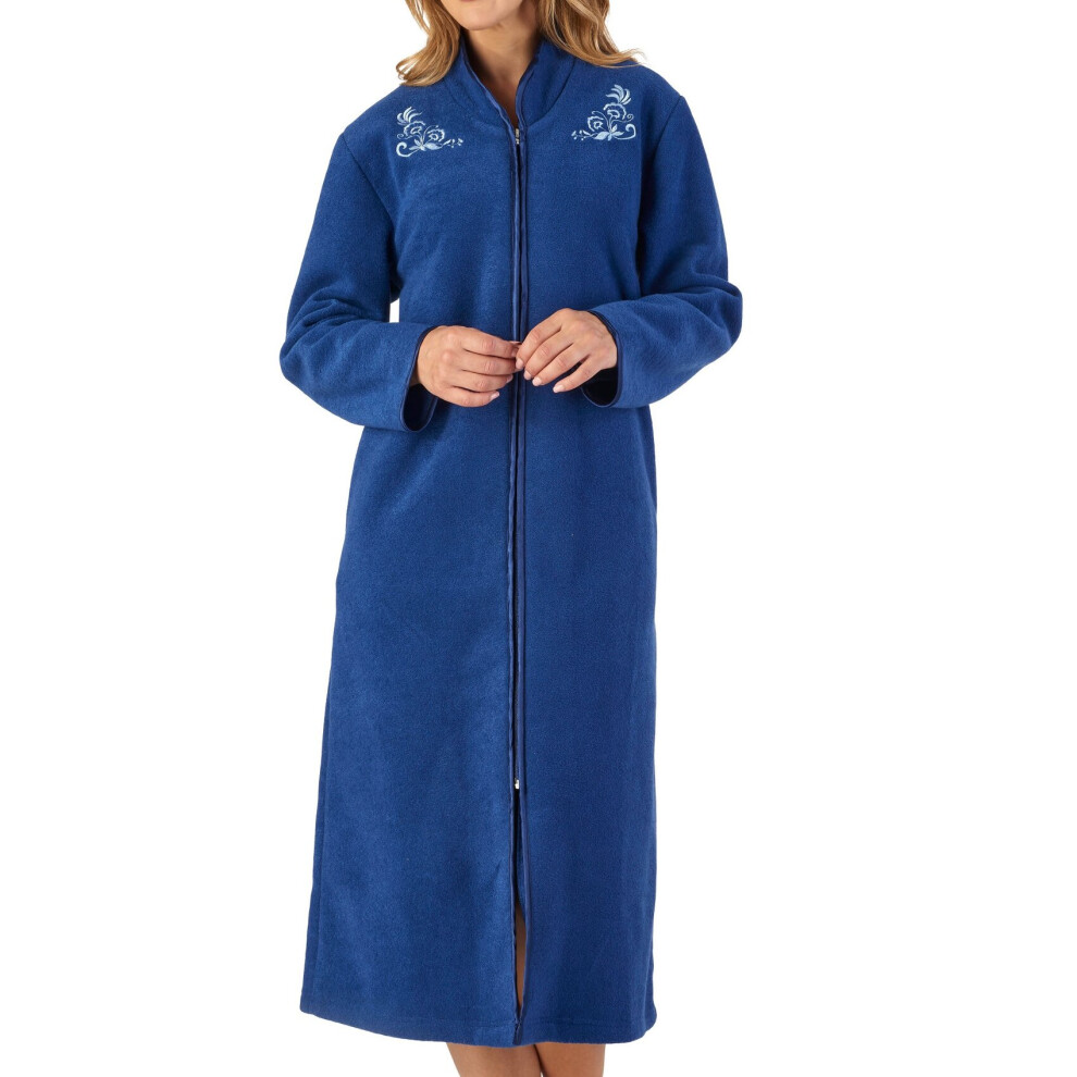 (Navy, Extra Large - UK 20/22) Slenderella Womens Zip Up Boucle Fleece Embroidered Dressing Gown