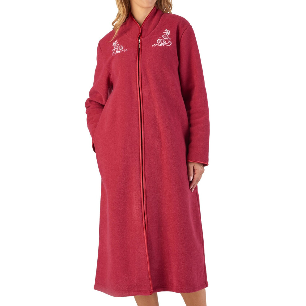 (Raspberry, Small - UK 10/12) Slenderella Womens Zip Up Boucle Fleece Embroidered Dressing Gown