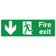 Fire exit down running man left safety sign (L) - Self adhesive sticker - 300mm x 100mm