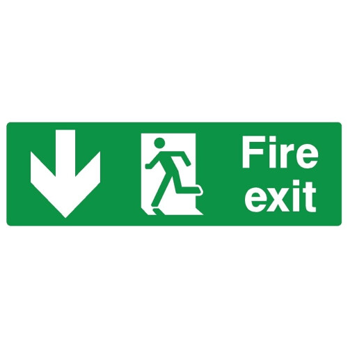 Fire exit down running man left safety sign (L) - Self adhesive sticker - 450m x 150mm
