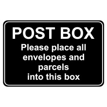 Post box please place all envelopes and parcels in box safety sign - Self adhesive sticker - 100mm x 150mm