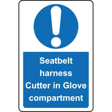 Seatbelt harness cutter in glove compartment safety sign - Self adhesive sticker - 100mm x 150mm