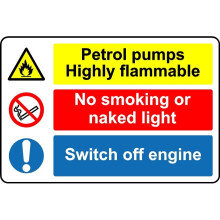 Petrol pumps highly flammable no smoking switch off engine safety sign - Self adhesive sticker - 400mm x 300mm