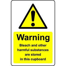 Warning bleach and harmful substances stored in cupboard safety sign - Self adhesive sticker - 100mm x 150mm