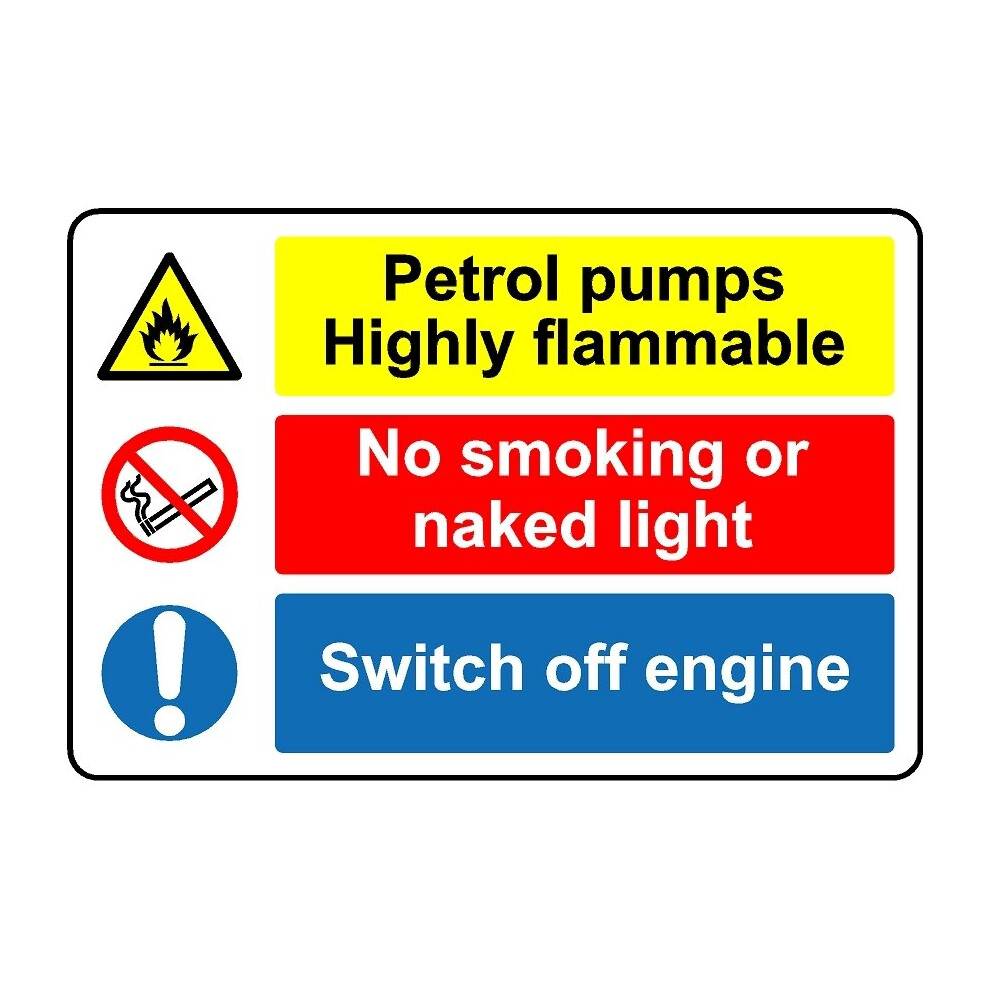 Petrol pumps highly flammable no smoking switch off engine safety sign - Self adhesive sticker - 200mm x 150mm-image-OPC-PBGJV9G-NEW