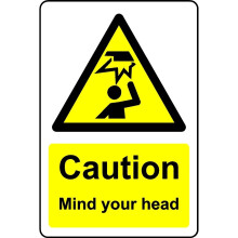 Caution mind your head safety sign - Self adhesive sticker - 100mm x 150mm