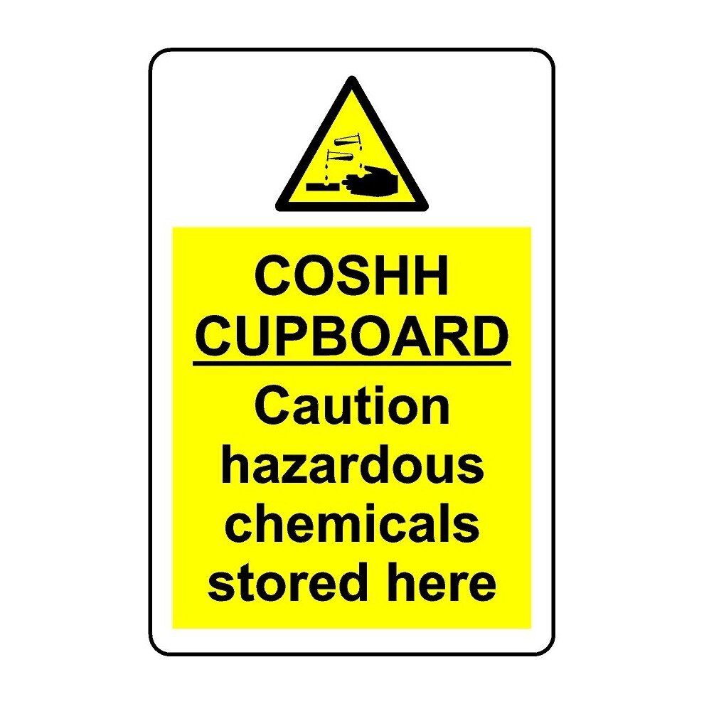 COSHH cupboard caution hazardous chemicals stored here safety sign - Self adhesive sticker - 200mm x 150mm