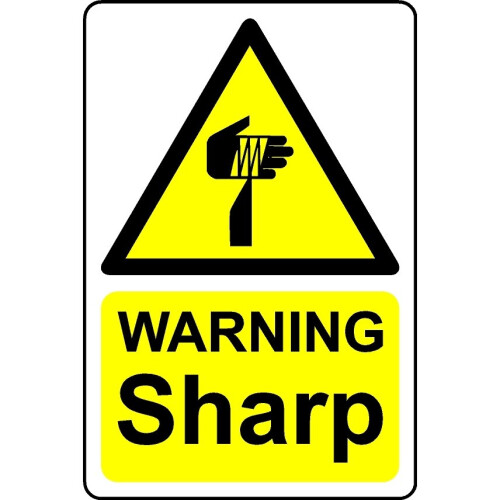 Warning sharp safety sign - Self adhesive sticker - 200mm x 150mm