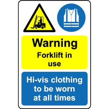 Warning forklift in use hi-vis clothing to be worn at all time safety sign - Self adhesive sticker - 200mm x 150mm