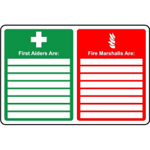 First aiders are blank Fire marshals are blank safety sign - Self adhesive sticker - 400mm x 300mm