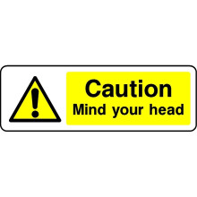 Caution mind your head safety sign (L) - Self adhesive sticker - 150mm x 50mm