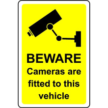 Beware cameras are fitted to this vehicle safety sign - Self adhesive sticker - 400mm x 300mm