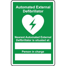 AED nearest automated external defibrillator is situated at blank safety sign - Self adhesive sticker - 400mm x 300mm