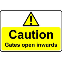 Caution gates open inwards safety sign - 1mm Plastic sign - 300mm x 200mm
