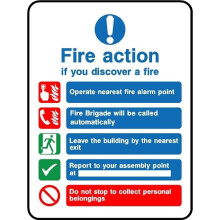 Fire action if you discover a fire leave building by nearest exit safety sign - 3mm Aluminium sign - 600mm x 400mm