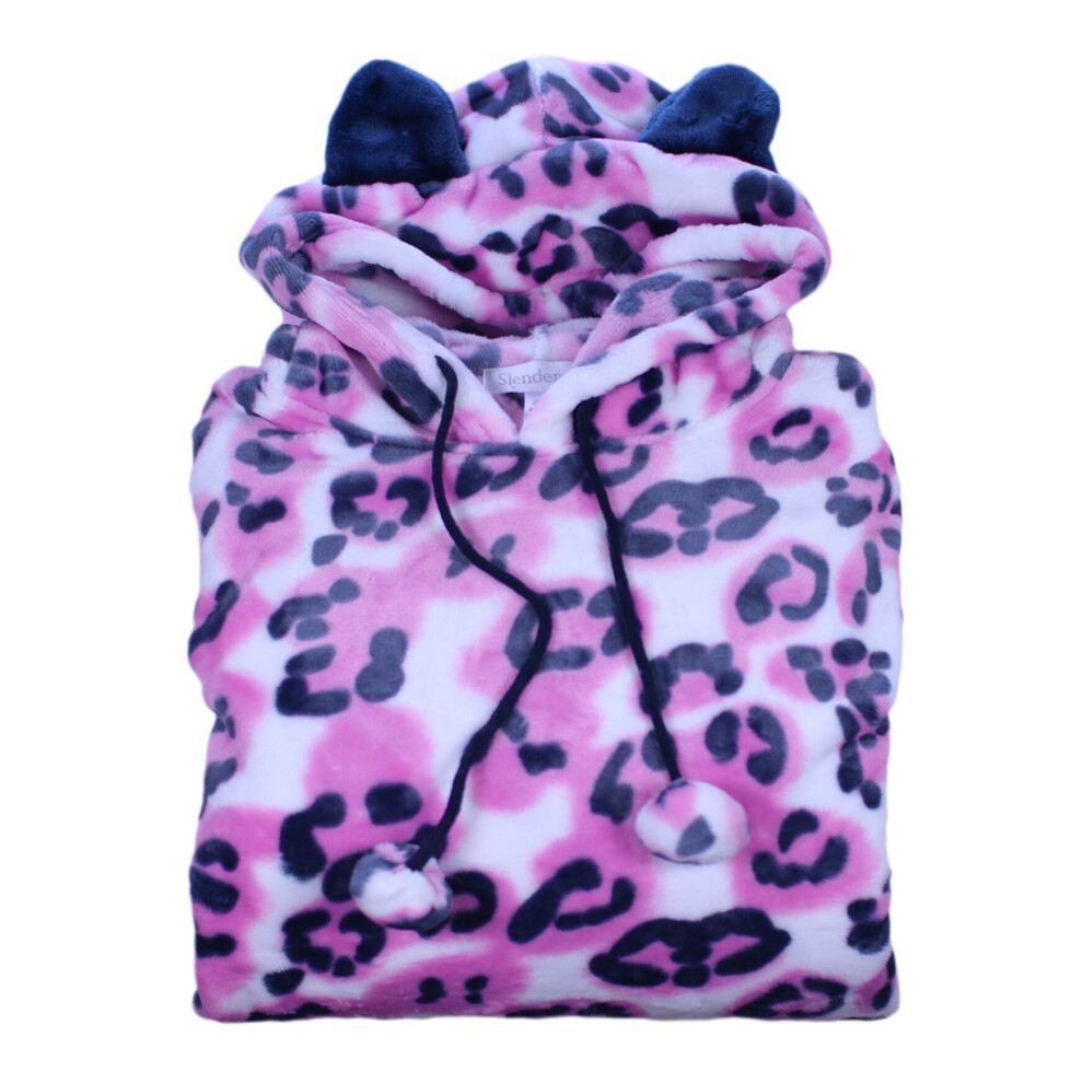 (Pink, Medium - UK 12/14) Slenderella Ladies Animal Print Pullover Slouch Hooded Robe