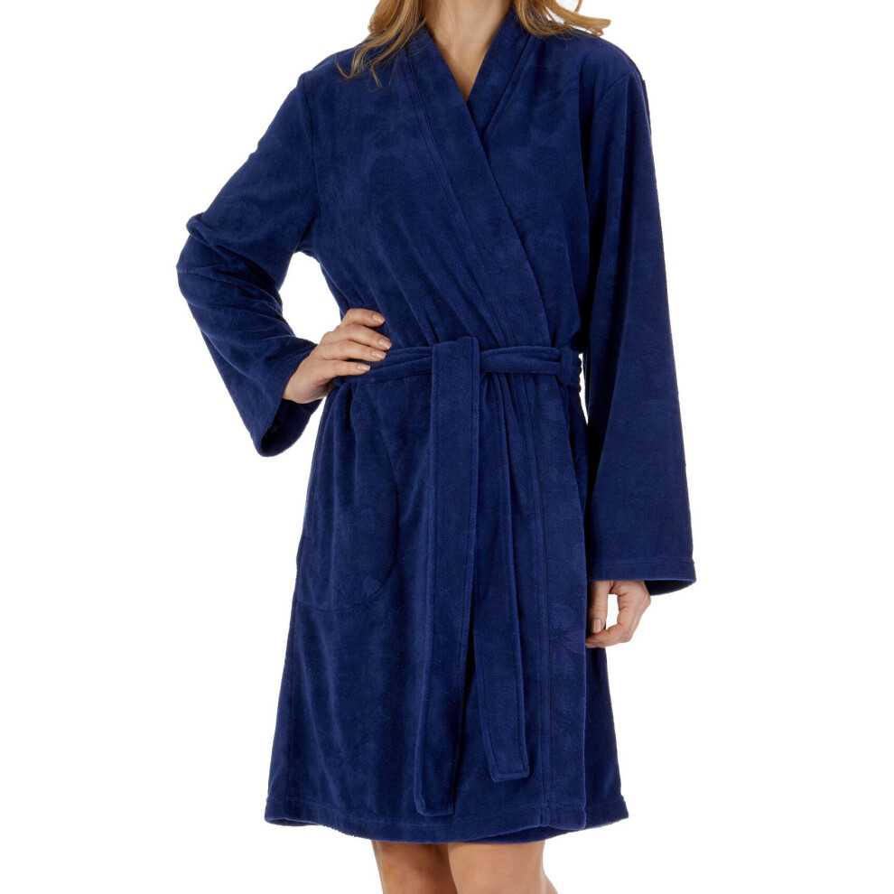 (Navy, Large - UK 16/18) Slenderella Ladies Floral Embossed Soft Fleece Wrap Dressing Gown