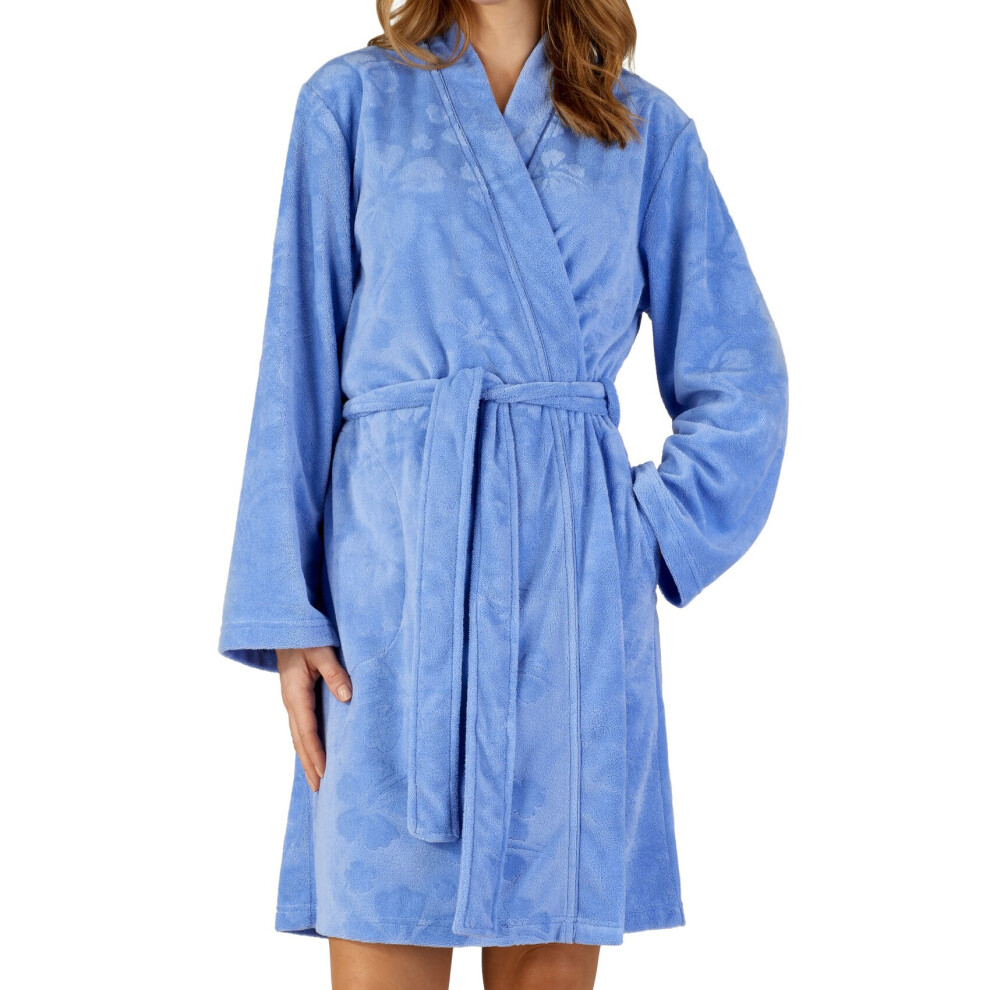 (Blue, Small - UK 10/12) Slenderella Ladies Floral Embossed Soft Fleece Wrap Dressing Gown