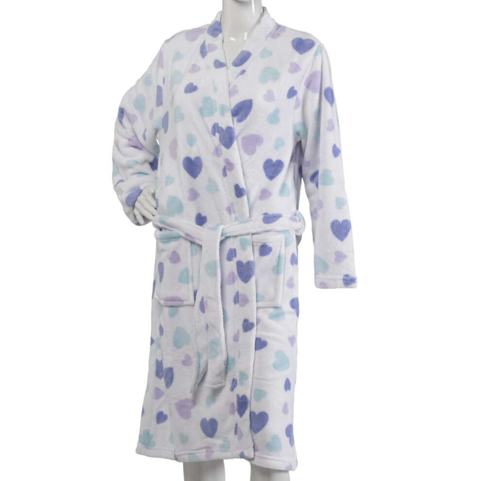 (White, Large - UK 16/18) Slenderella Ladies Soft Fleece Heart Pattern Dressing Gown