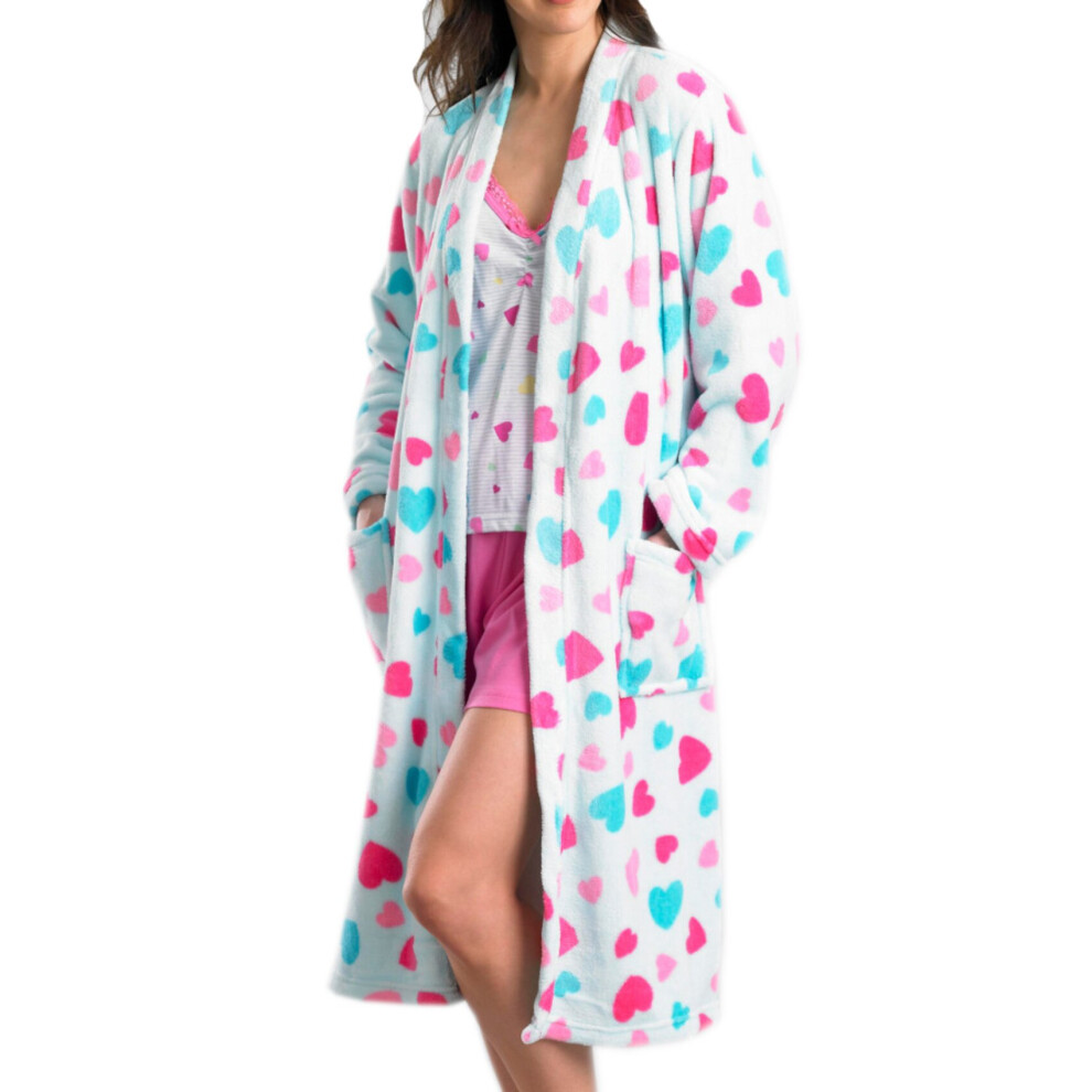 (Blue, Small - UK 10/12) Slenderella Ladies Soft Fleece Heart Pattern Dressing Gown