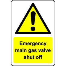 Emergency Main Gas Valve Shut-Off Safety Sign - High-Visibility, Self-Adhesive Sticker, 200 x 150 mm