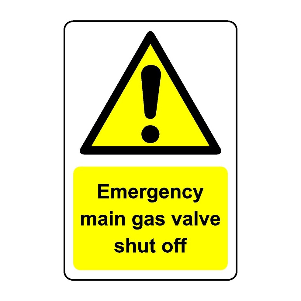 Emergency main gas valve shut off safety sign - Self adhesive sticker - 200mm x 150mm