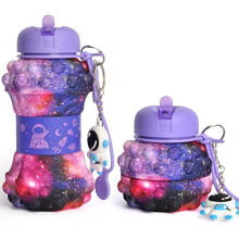 CARESWAY 500ml Kids Water Bottle with Keyring – Foldable, BPA-Free Silicone, Galaxy Pop It Design for Girls & Boys