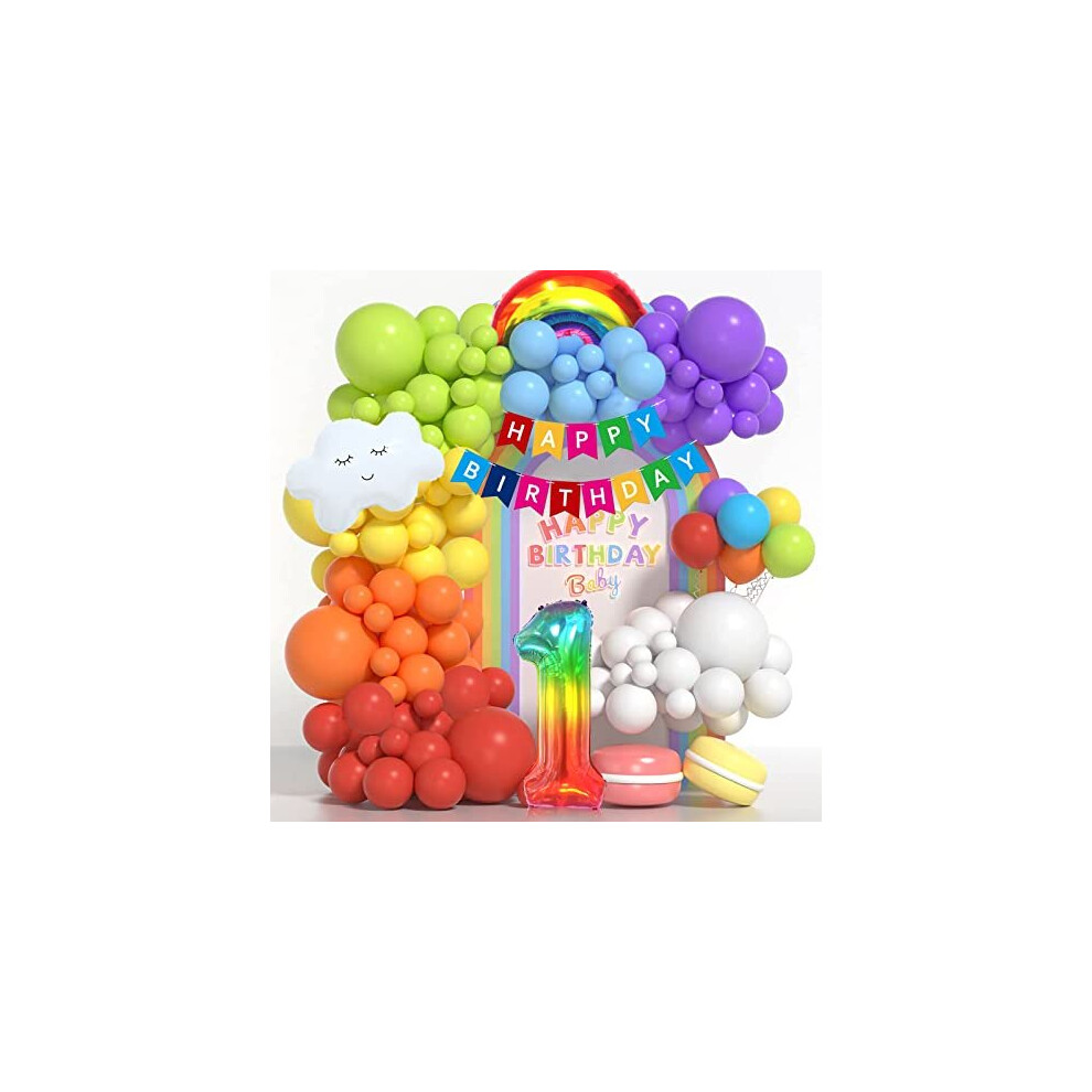 1st Rainbow Birthday Decorations for Baby Girls Boys, 1st Rainbow Birthday Party Decoration, 134PCS Rainbow Balloon Arch Garland Kit with Ba