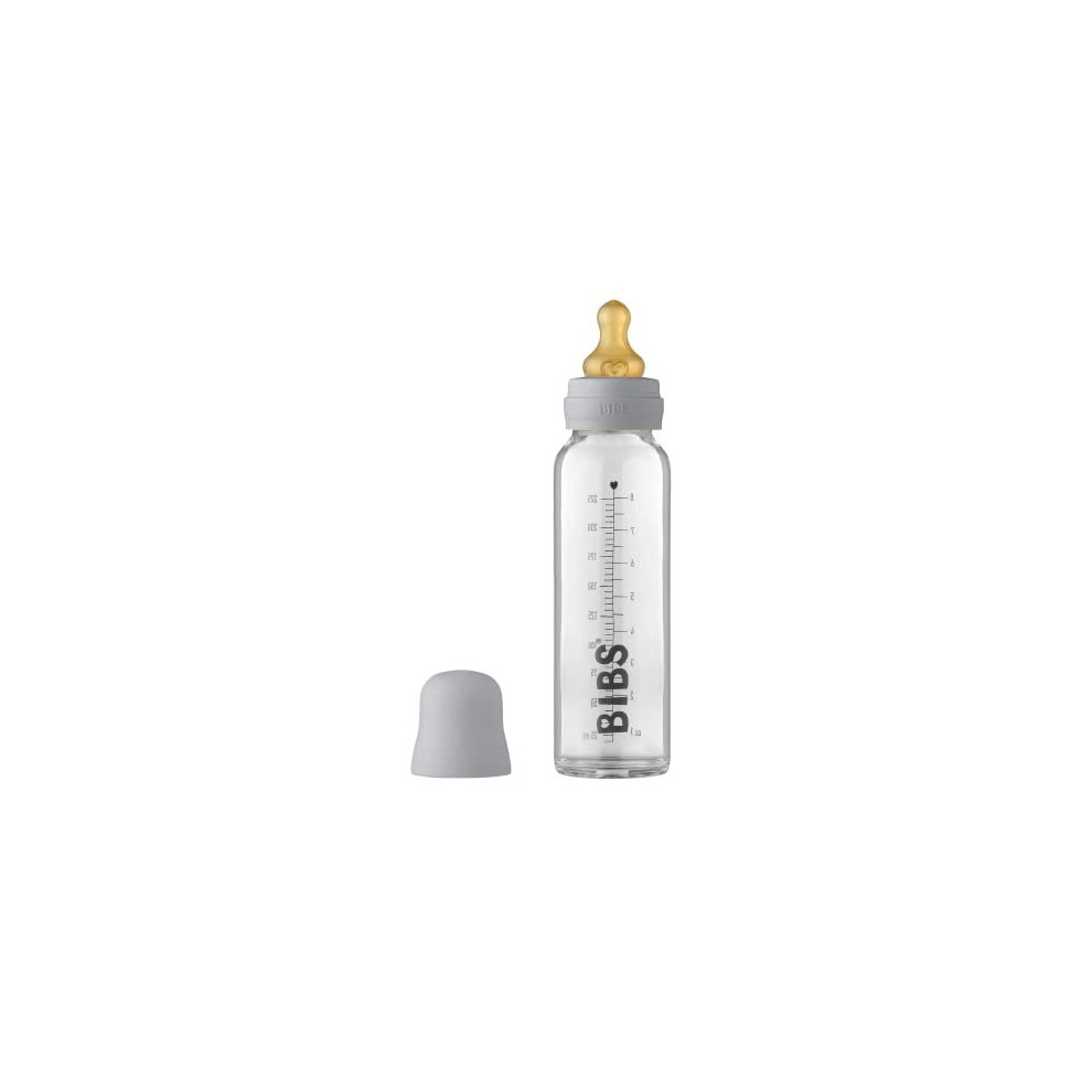 Baby Glass Bottle. Anti-Colic. Round Natural Rubber Latex Nipple. Supports Natural Breastfeeding, 225 Ml, Cloud Bibs