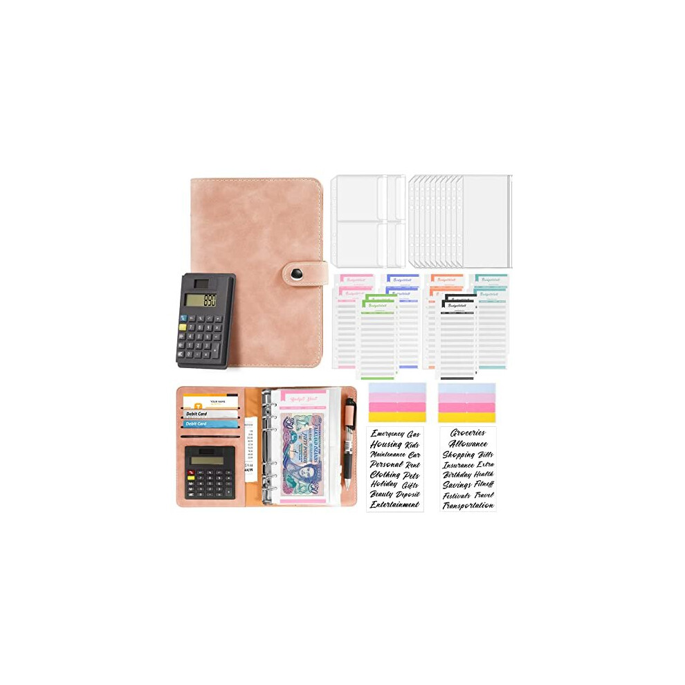 HAKPNEW 30Pcs Budget Binder with Calculator, A6 Leather Money Saving Wallet, 12 Cash Envelopes and Budget Sheets, Savings Binder for Budget