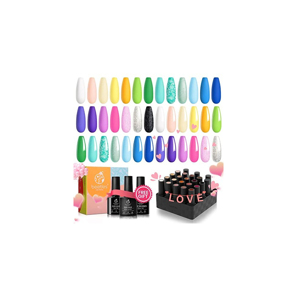 Beetles 23Pcs Gel Nail Polish Kit with Base Top Coat, Summer Paradise Collection Gel Polish Pastel Neon Yellow Green Blue Purple Pink Glitte