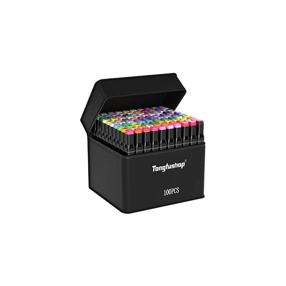Tongfushop 100 Colored Marker Set, 1 Second Quickly Drying Marker Pens, Double Tip Markers for Artists, with Black Carrying Case Storage Bas